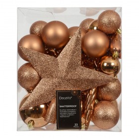 Adornos decoración árbol navidad, bronce, caja 33 piezas