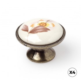 Pomo para mueble, modelo 814, de porcelana y zamak con acabado ilustrado flor marrón, ø30 mm, blíster 4 uds