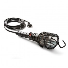 Lámpara portátil con pantalla 60 w 250 v e27, mango de goma negro, cable 5 m, interruptor y gancho, en bolsa