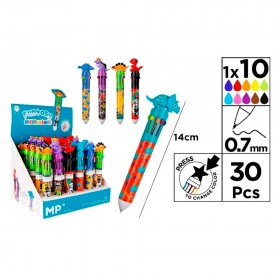 Bolígrafos 10 colores 0,7mm dinosaurios, diseños surtidos, 30 uds